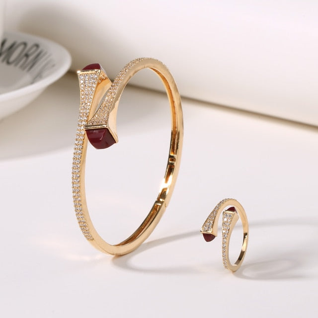 Candy color stone Simple Design Gold Open Cuff Bangle Ring Jewelry Set