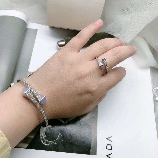 Candy color stone Simple Design Gold Open Cuff Bangle Ring Jewelry Set
