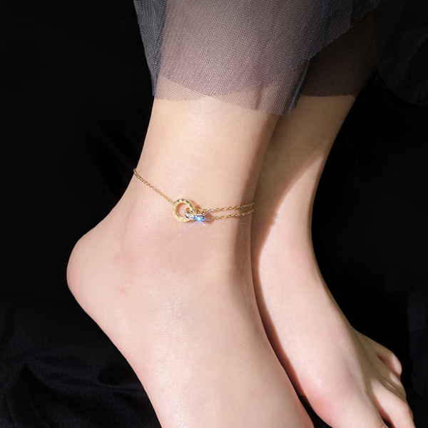 Tobillera con circonitas incrustadas y números romanos redondos. Adornos para el tobillo con cadena para mujer.