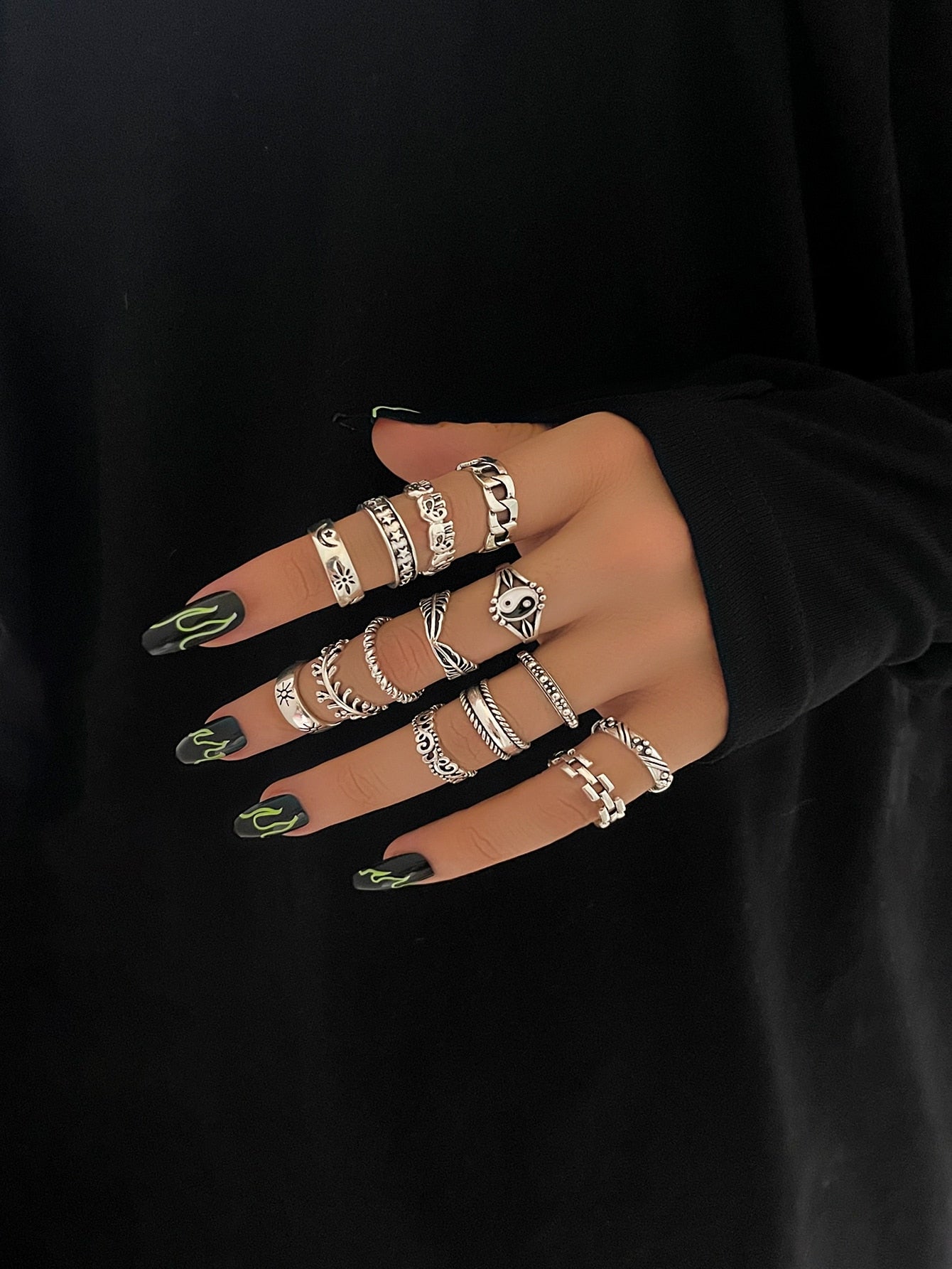 14Pcs Gothic Silver Color Tai Chi Rings for Women