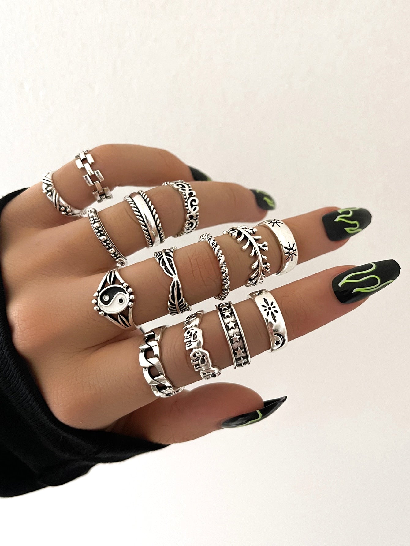 14Pcs Gothic Silver Color Tai Chi Rings for Women