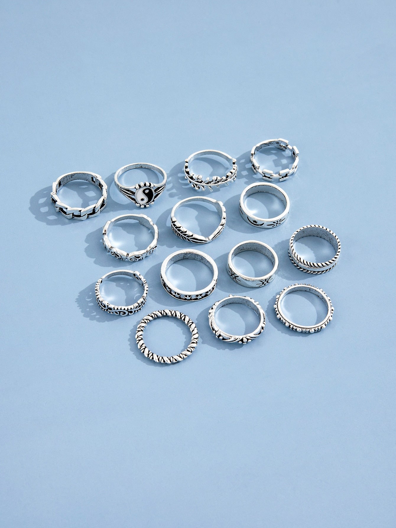 14Pcs Gothic Silver Color Tai Chi Rings for Women