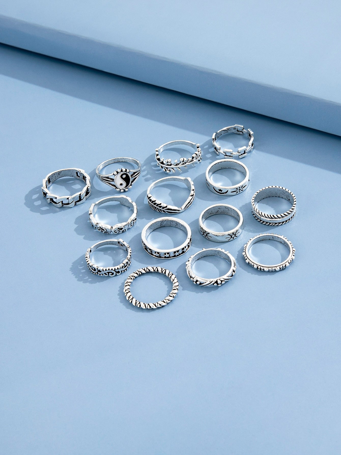 14Pcs Gothic Silver Color Tai Chi Rings for Women