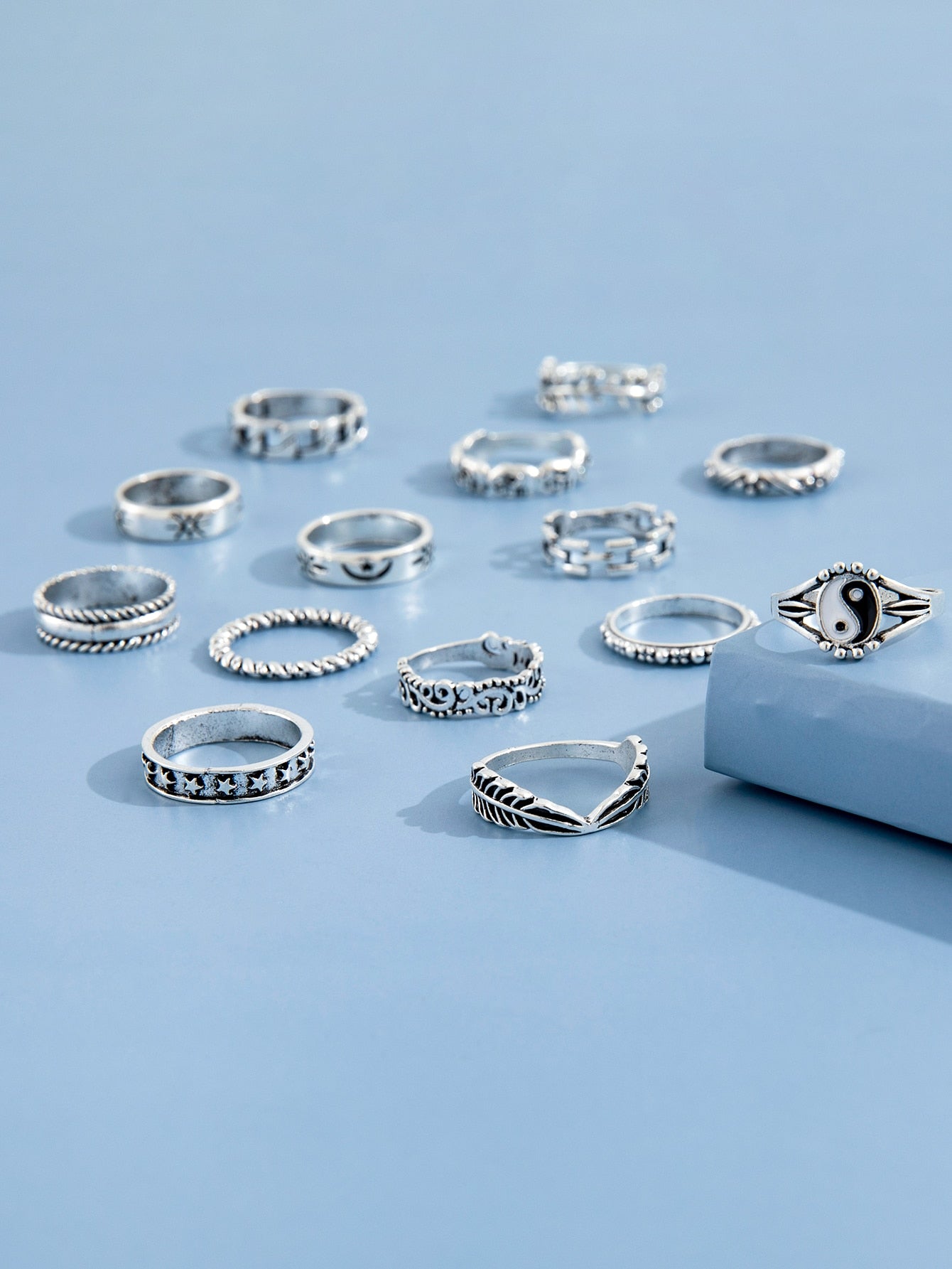 14Pcs Gothic Silver Color Tai Chi Rings for Women