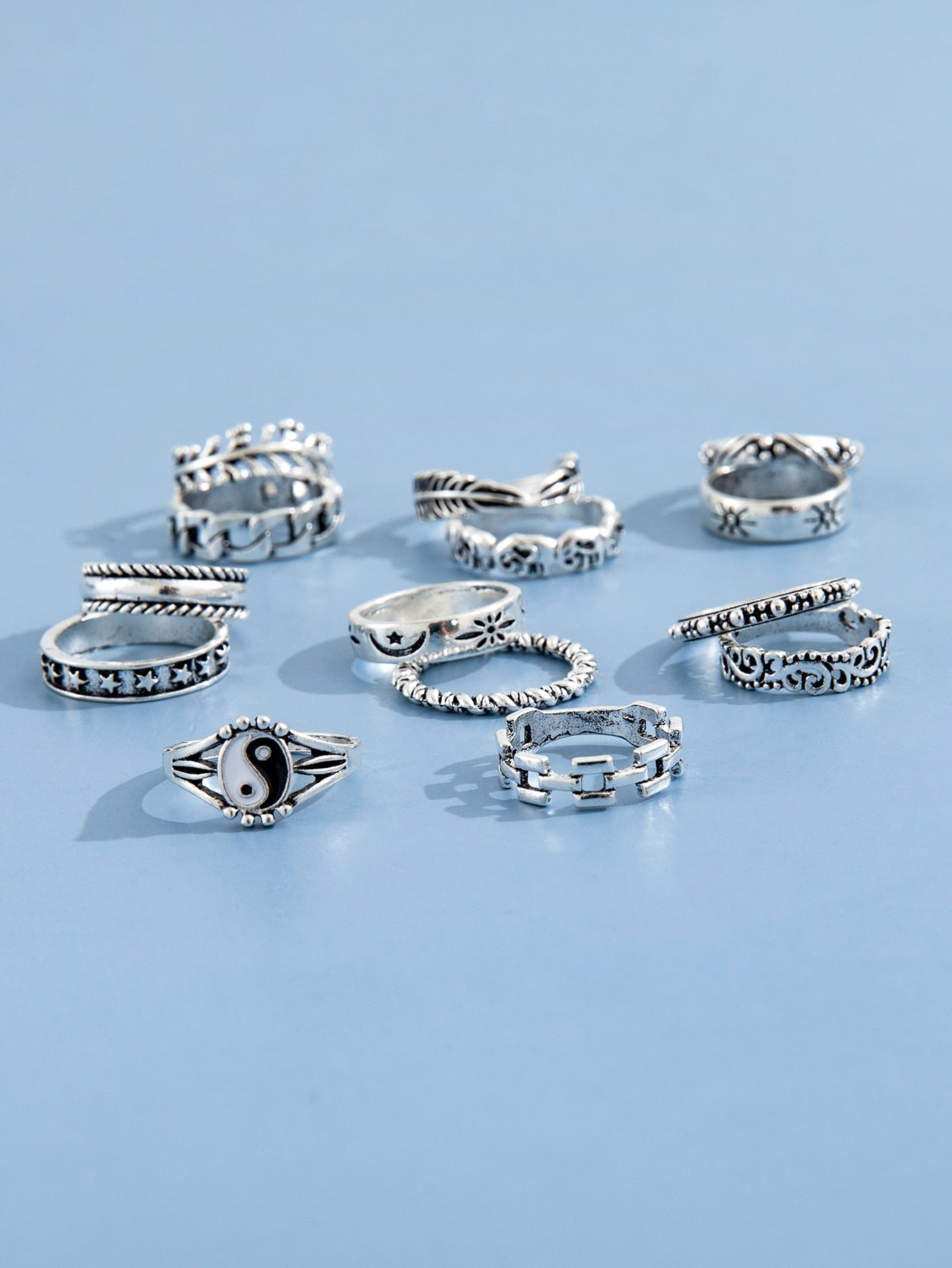 14Pcs Gothic Silver Color Tai Chi Rings for Women