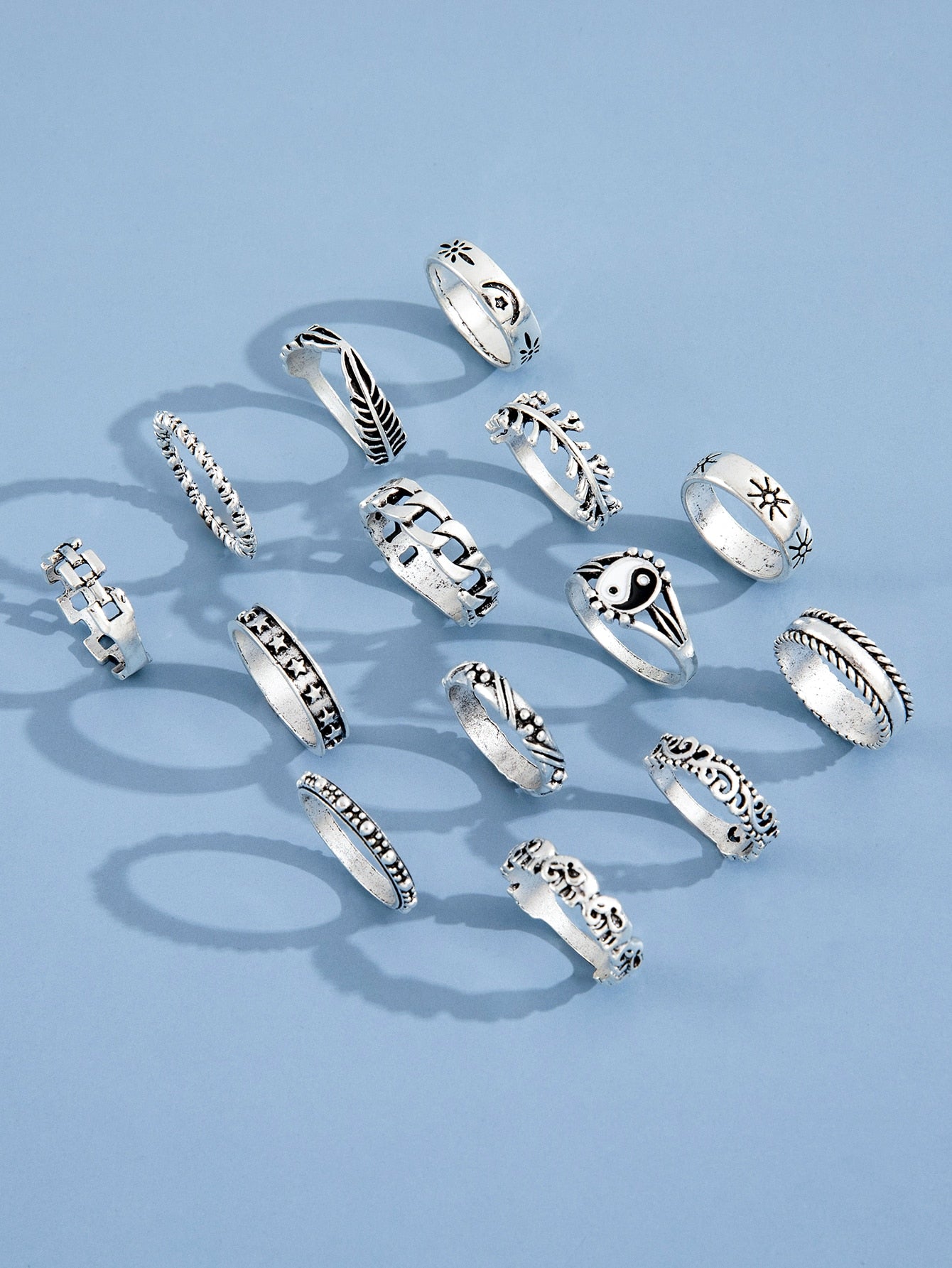 14Pcs Gothic Silver Color Tai Chi Rings for Women