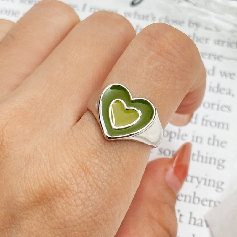 Chunky Colorful Love Heart Yin Yang Rings