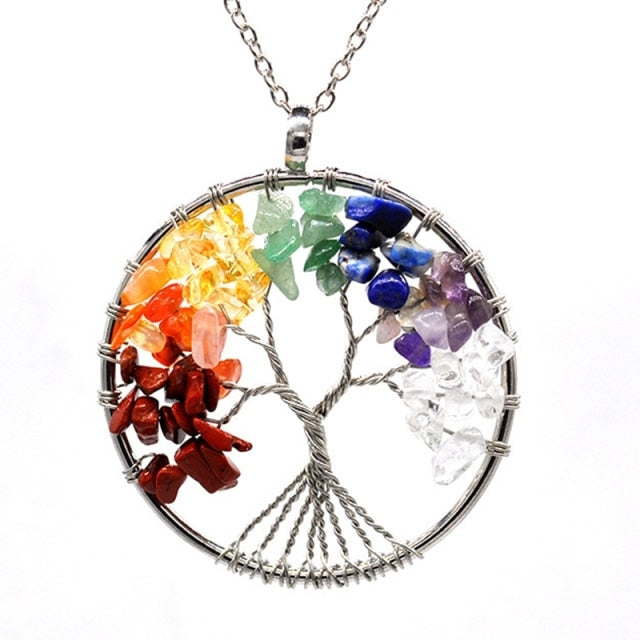7 Chakra Rainbow Stone tree of life Pendant Necklace  bracelet set