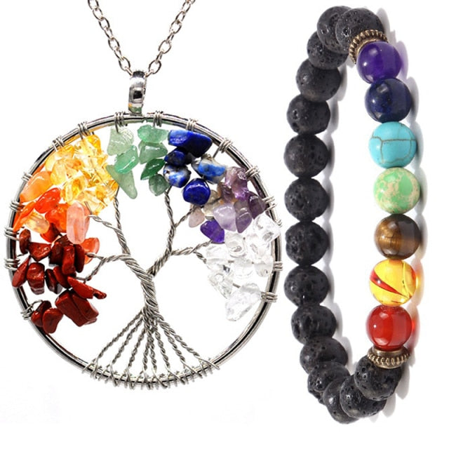 7 Chakra Rainbow Stone tree of life Pendant Necklace  bracelet set