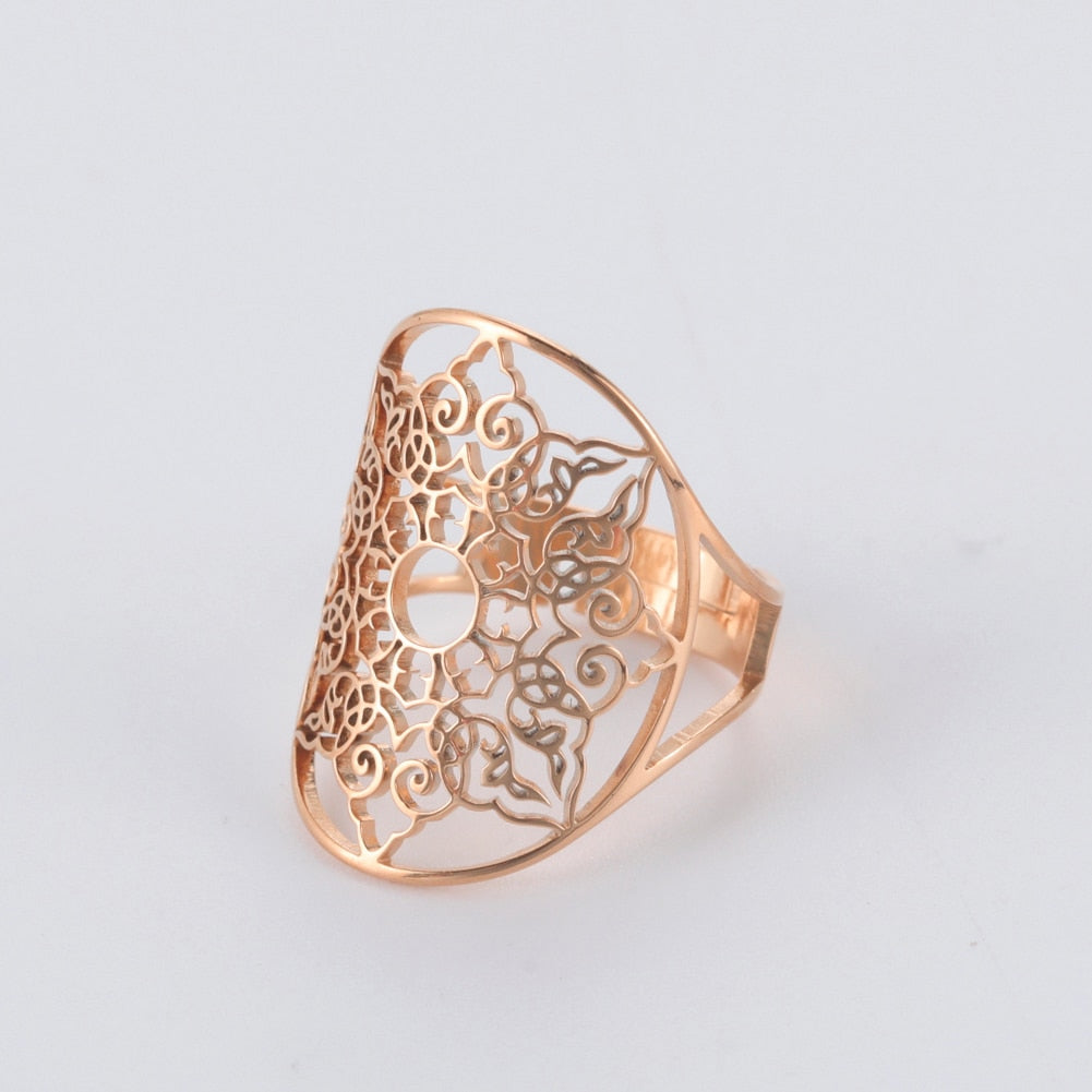 Adjustable Gold Color Geometric Filigree Flower Ring