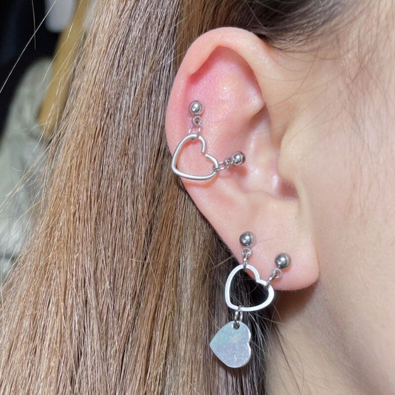 Punk Heart Pendant Double Pierced Ears Stud Earring