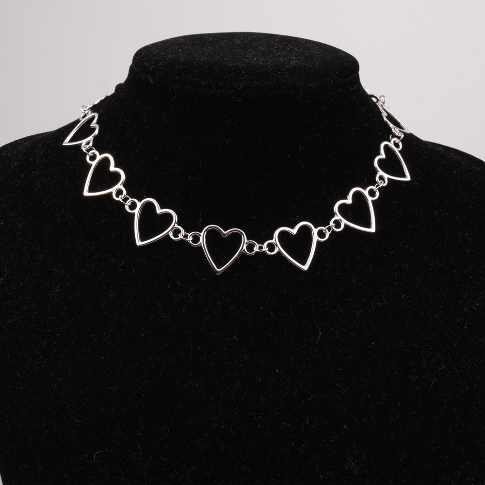 Metal Hollow Connecting Heart Neck Chain Collar Necklace