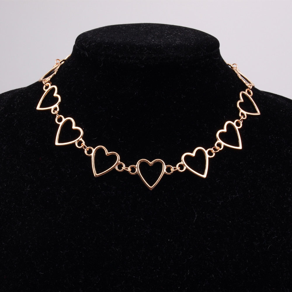 Metal Hollow Connecting Heart Neck Chain Collar Necklace
