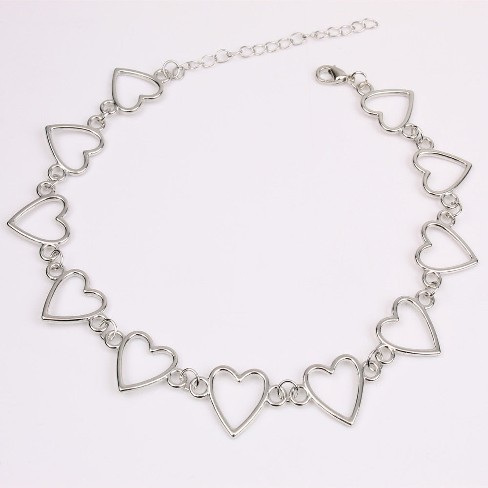 Metal Hollow Connecting Heart Neck Chain Collar Necklace
