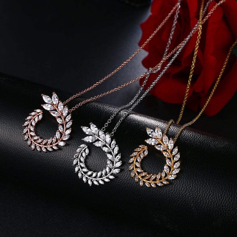 Luxury AAA Zircon Olive Branch Pendant Set For Women