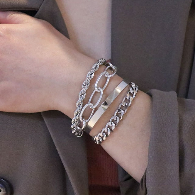 Fashion Punk Curb Cuban Chain Bracelets Set