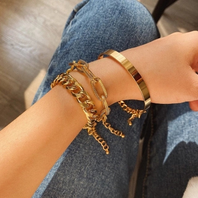 Fashion Punk Curb Cuban Chain Bracelets Set