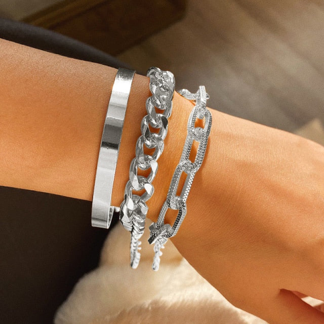 Fashion Punk Curb Cuban Chain Bracelets Set