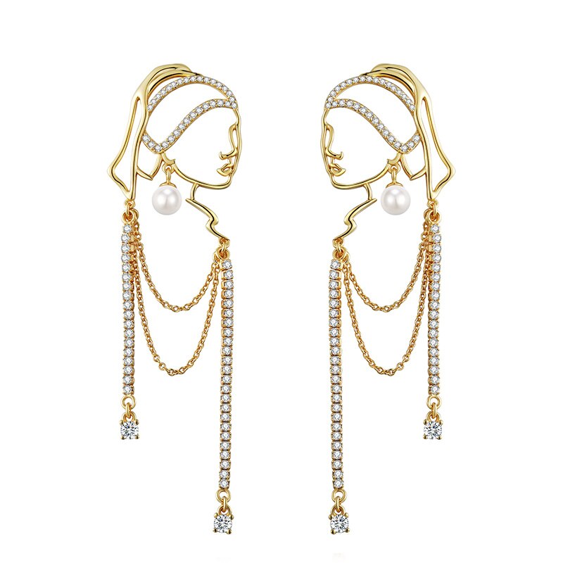 S925 Needle Hot Pearl Crystal Chain Portrait Earrings