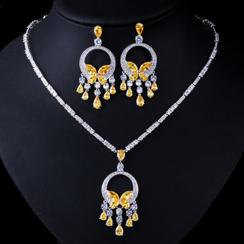 Yellow Cubic Zirconia Stone Tassel Drop Big Necklace and Earring