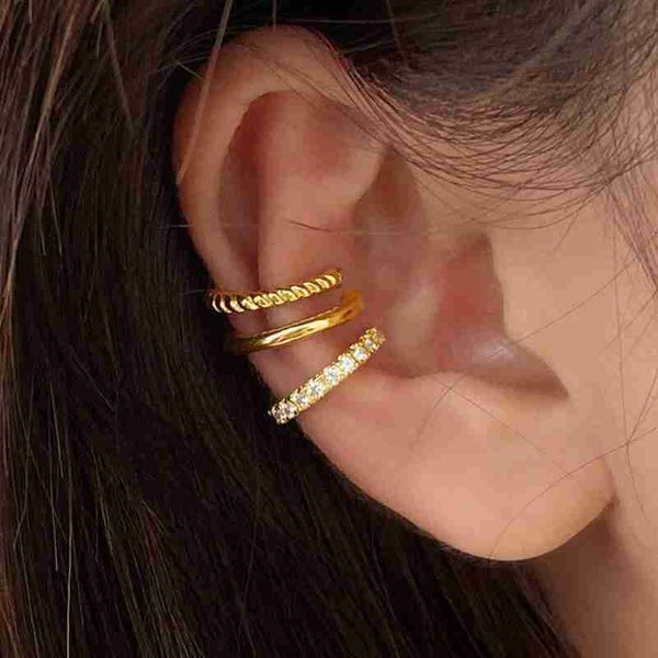 Juego de 3 pendientes minimalistas de clip para cartílago con circonita cúbica en color dorado C