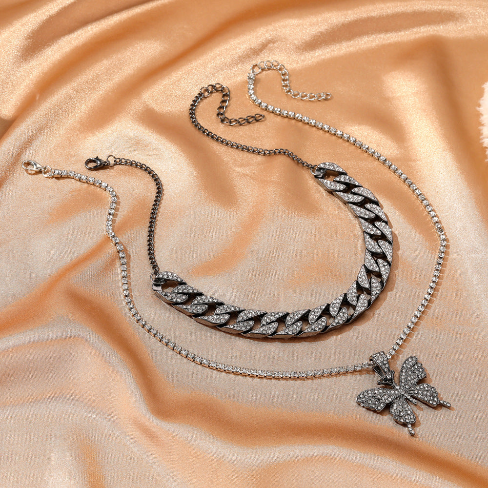 Punk Cuban Double Layer Big Butterfly Pendant Necklace