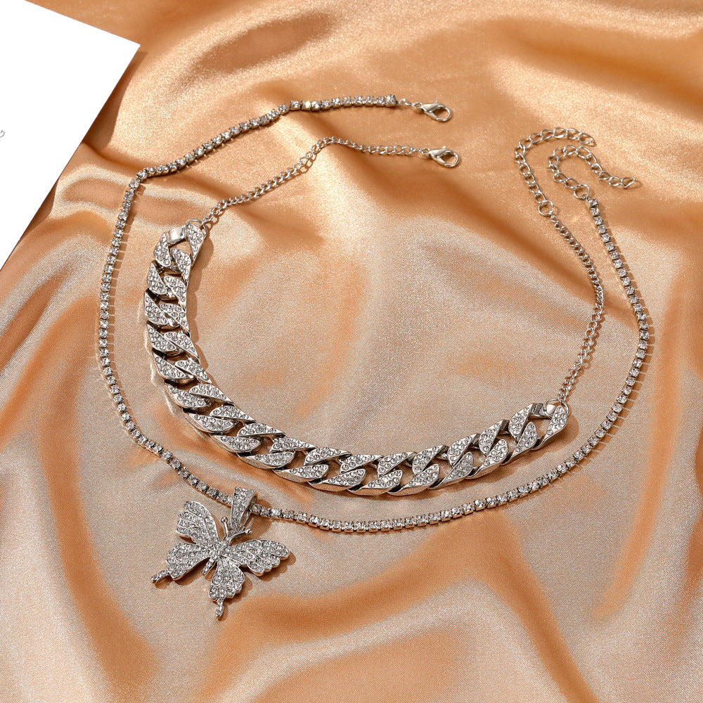 Punk Cuban Double Layer Big Butterfly Pendant Necklace