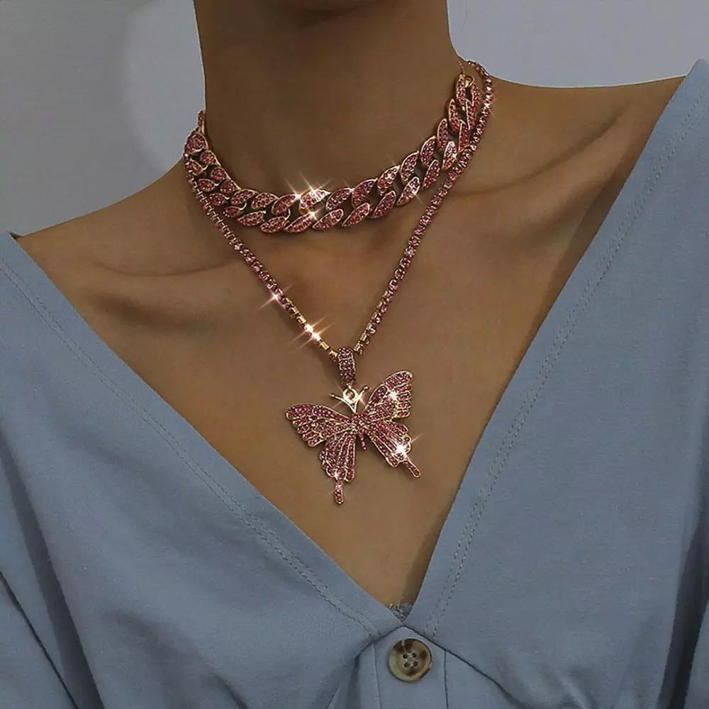 Punk Cuban Double Layer Big Butterfly Pendant Necklace
