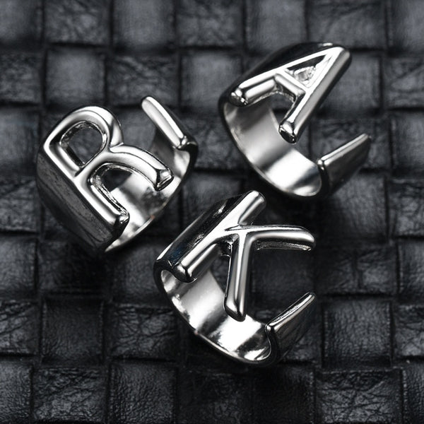 Hollow A-Z Letter Stainless Steel Adjustable Open Ring