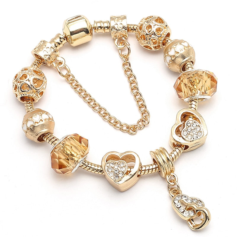 Crystal Heart Beads  Gold Color Snake Chain Bracelets