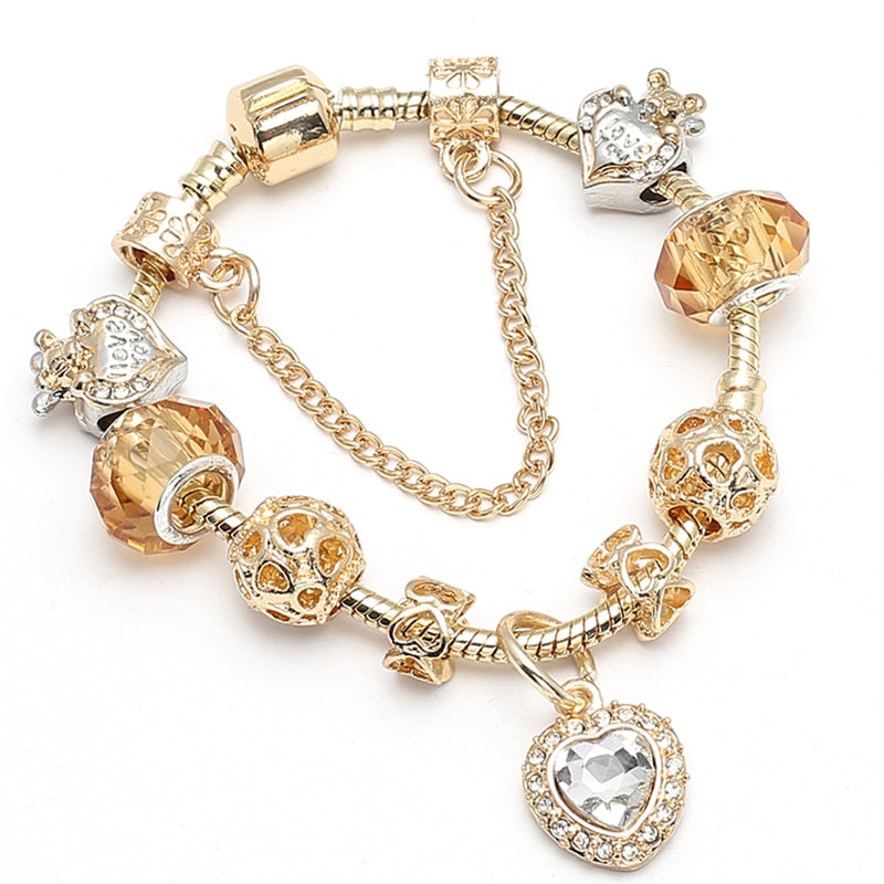 Crystal Heart Beads  Gold Color Snake Chain Bracelets