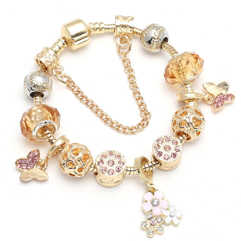 Crystal Heart Beads  Gold Color Snake Chain Bracelets