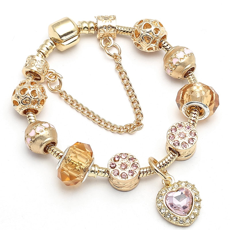 Crystal Heart Beads  Gold Color Snake Chain Bracelets