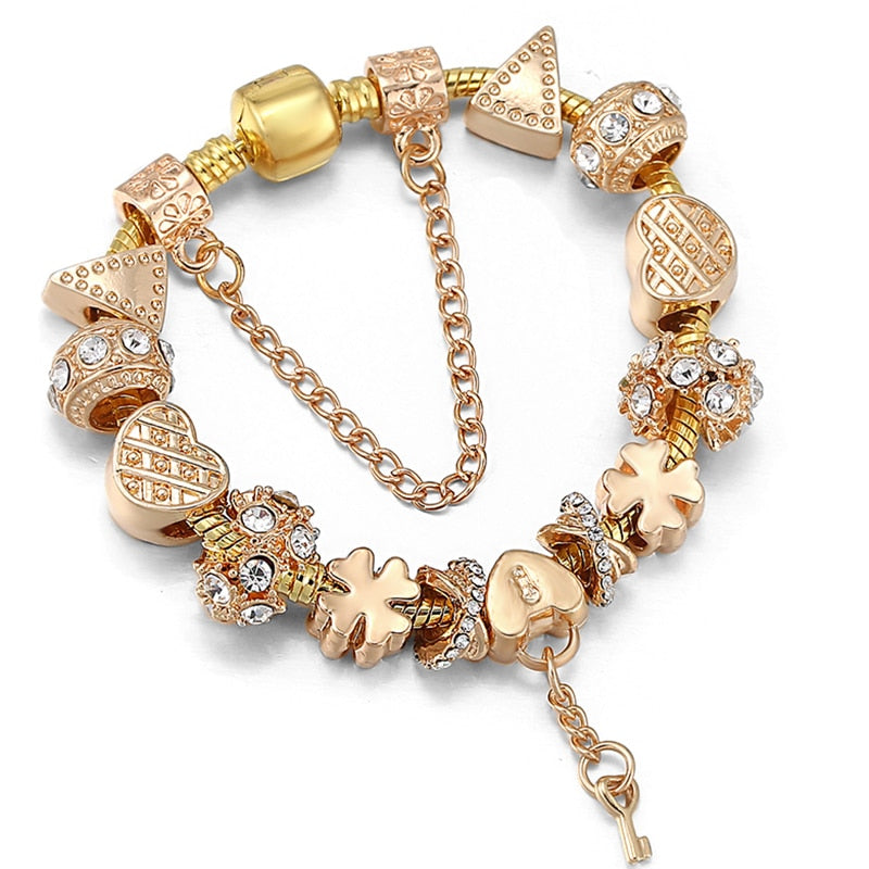 Crystal Heart Beads  Gold Color Snake Chain Bracelets