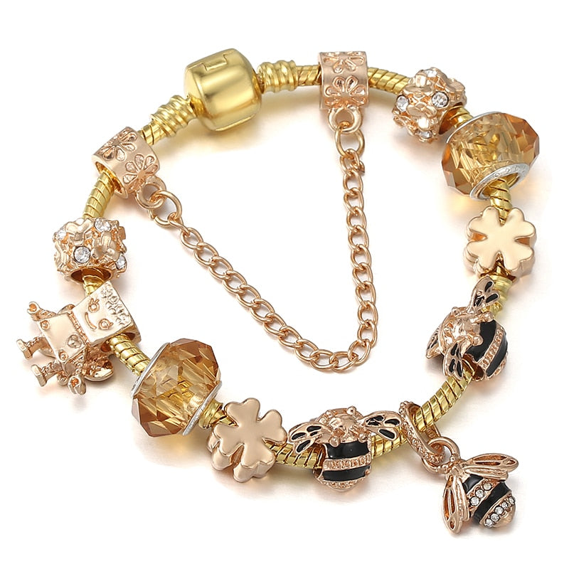 Crystal Heart Beads  Gold Color Snake Chain Bracelets