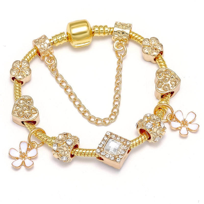 Crystal Heart Beads  Gold Color Snake Chain Bracelets