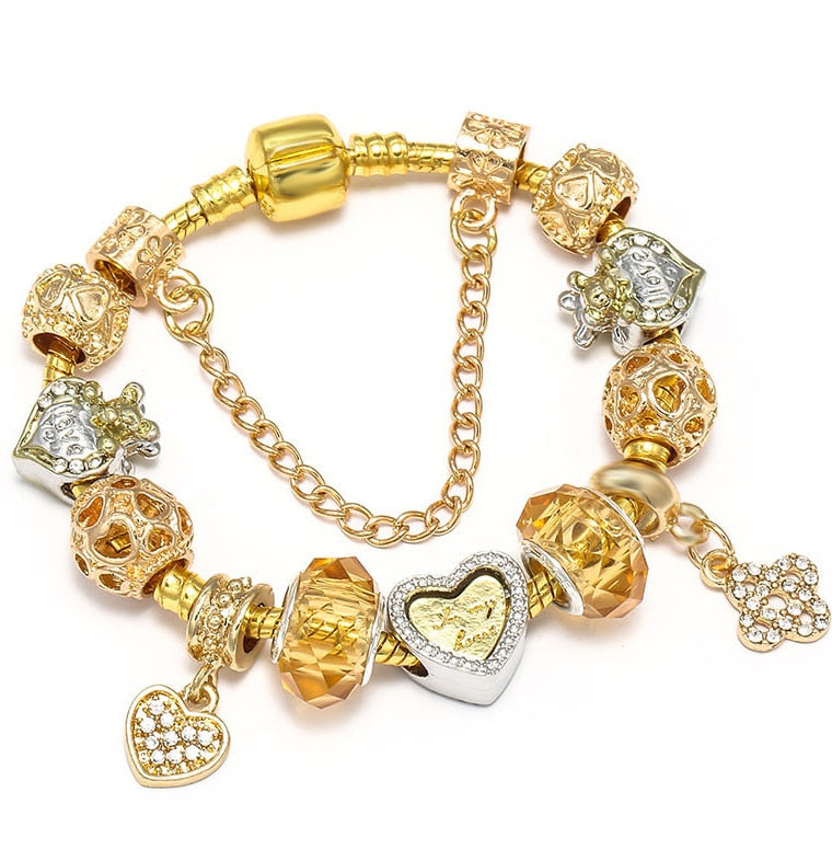 Crystal Heart Beads  Gold Color Snake Chain Bracelets