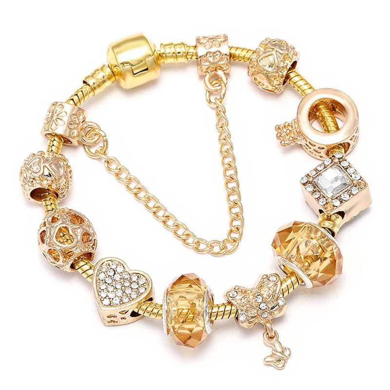 Crystal Heart Beads  Gold Color Snake Chain Bracelets