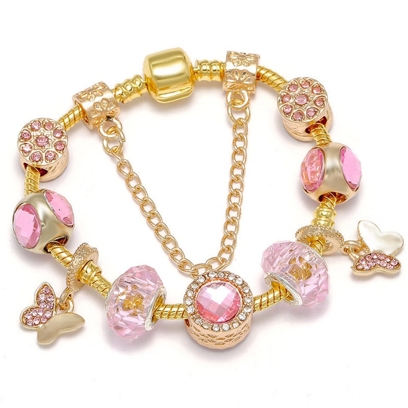 Crystal Heart Beads  Gold Color Snake Chain Bracelets