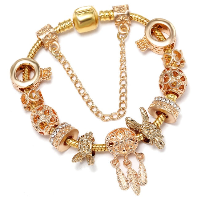 Crystal Heart Beads  Gold Color Snake Chain Bracelets