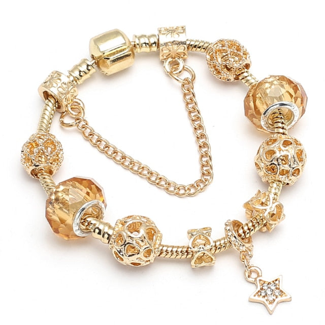 Crystal Heart Beads  Gold Color Snake Chain Bracelets