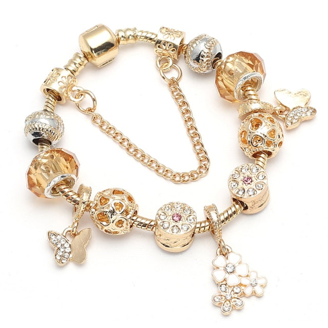 Crystal Heart Beads  Gold Color Snake Chain Bracelets