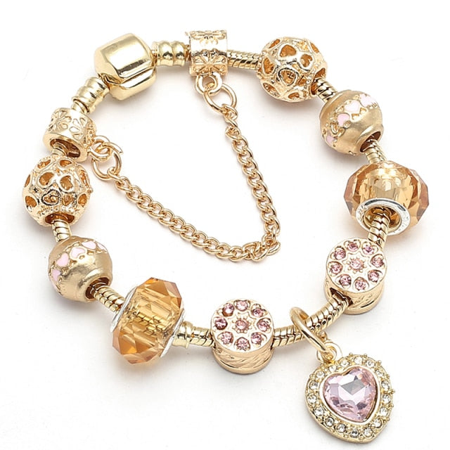 Crystal Heart Beads  Gold Color Snake Chain Bracelets