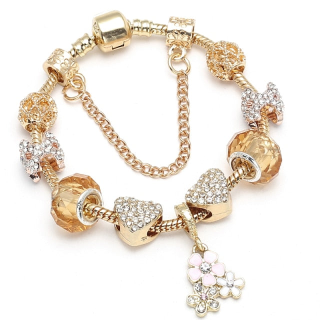 Crystal Heart Beads  Gold Color Snake Chain Bracelets