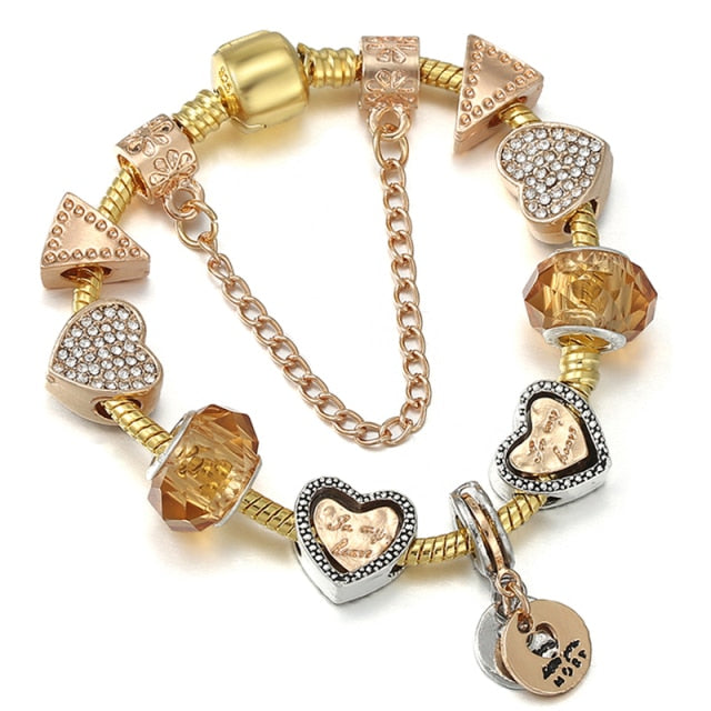 Crystal Heart Beads  Gold Color Snake Chain Bracelets