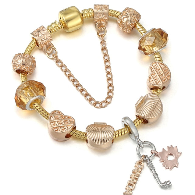 Crystal Heart Beads  Gold Color Snake Chain Bracelets