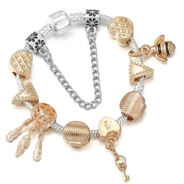 Crystal Heart Beads  Gold Color Snake Chain Bracelets