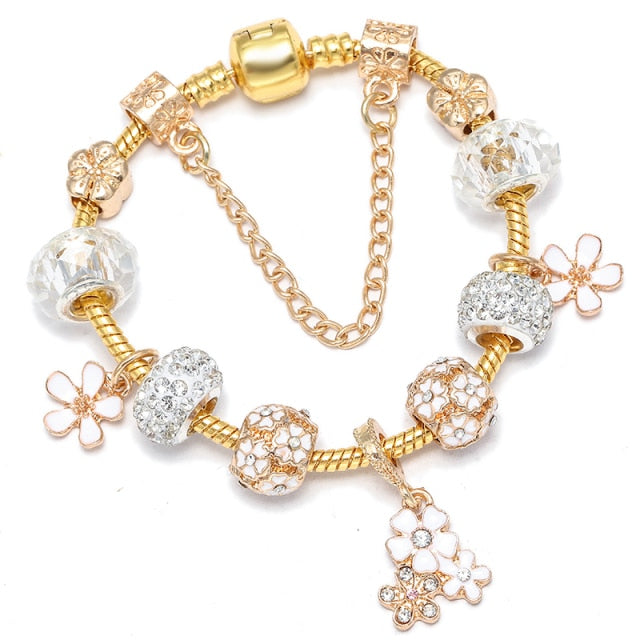 Crystal Heart Beads  Gold Color Snake Chain Bracelets