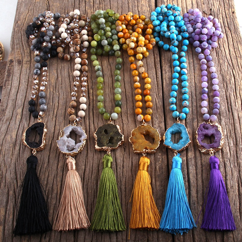Bohemian Semi Precious Stones Knotted  Tassel Necklaces