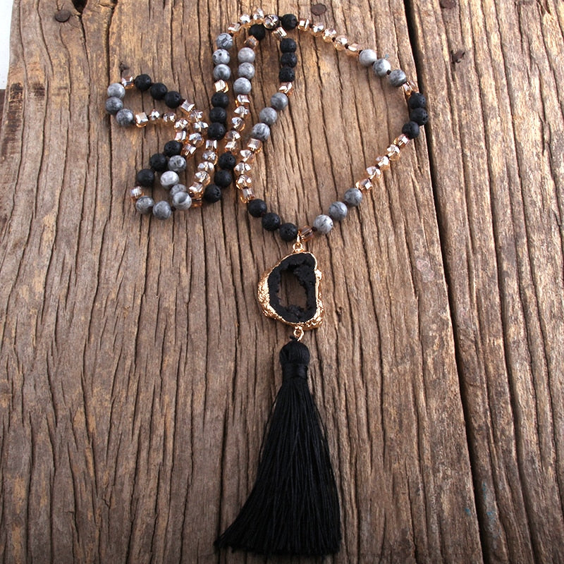 Bohemian Semi Precious Stones Knotted  Tassel Necklaces